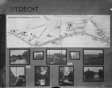 816858 Afbeelding van een informatiepaneel over de Beteekenis van het Merwedekanaal voor Utrecht , met een plattegrond ...